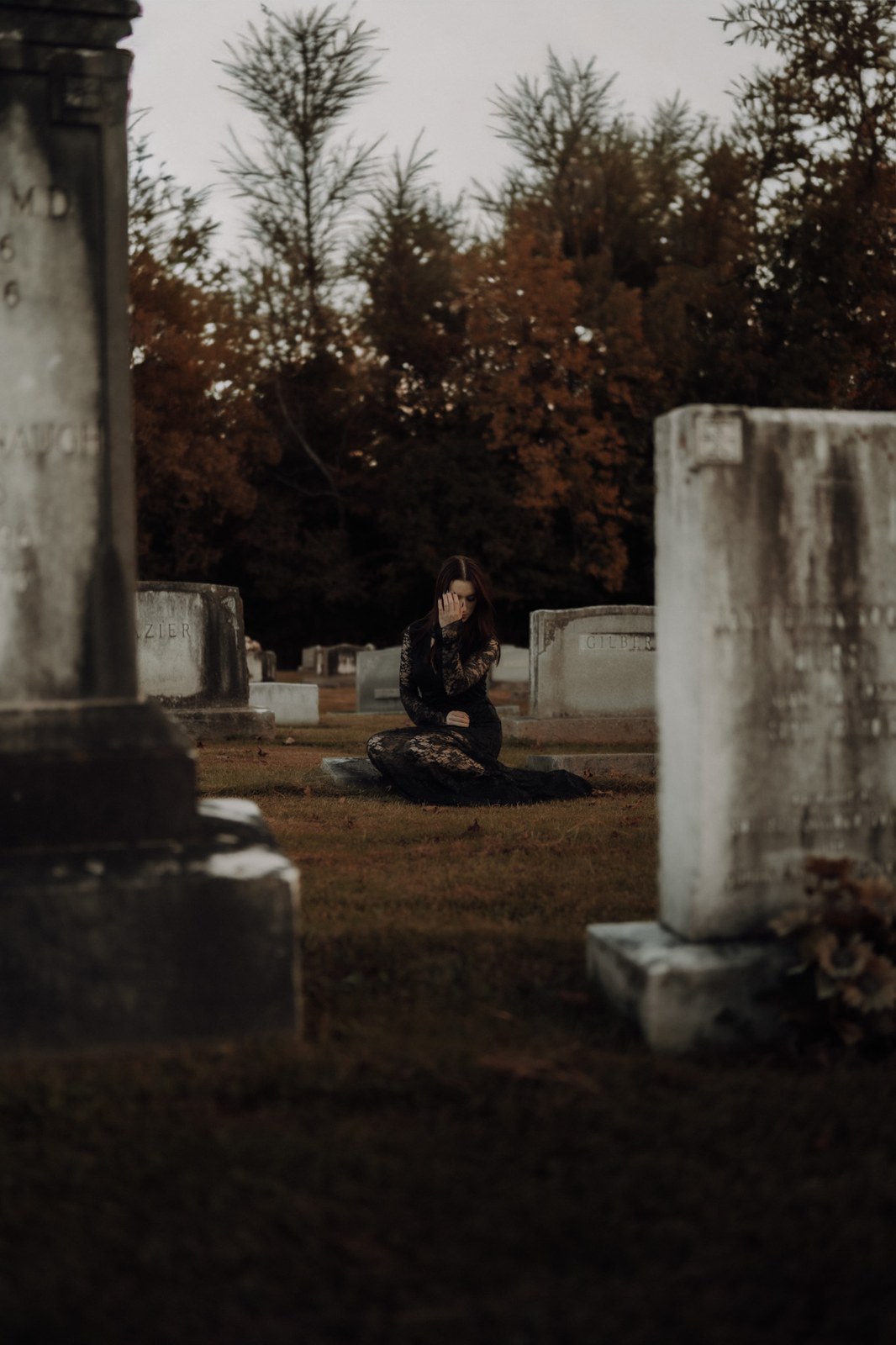 Wide atmospheric portrait among stone monuments